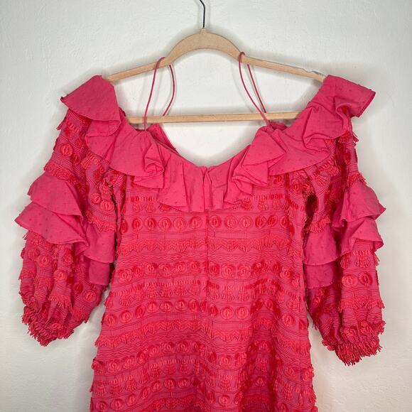 Alexis Calypso Ruffled Off Shoulder Rouge Coral Pink Embroidered Mini Dress XS - Picture 10 of 16